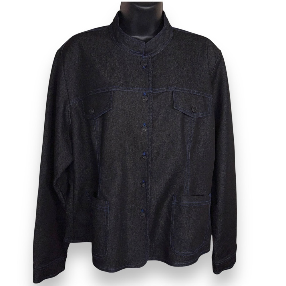 LARGE DARK BLUE DENIM BLAZER JACKET FRANCESCA ROSE WOMENS MANDARIN COLLAR